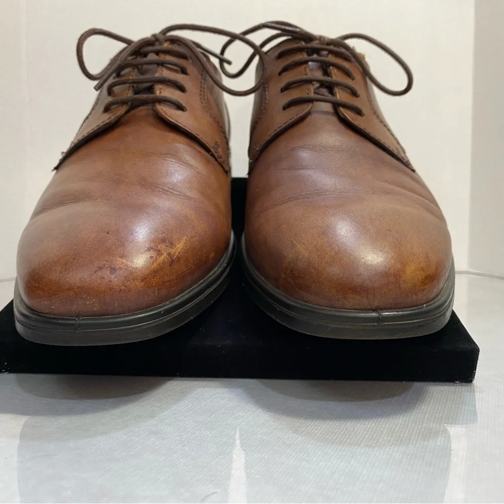 ECCO Cognac Leather Derby Dress Shoes EU 43 US 9–9.5 Comfort Plain Toe